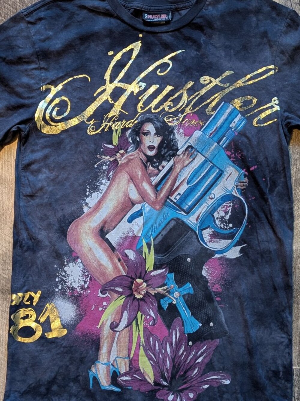 Hustler Hardcore Since ’74 T-Shirt Naked Woman & Handgun 1981